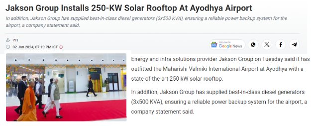 Jakson Group Installs 250 KW Solar Rooftop At Ayodhya Airport